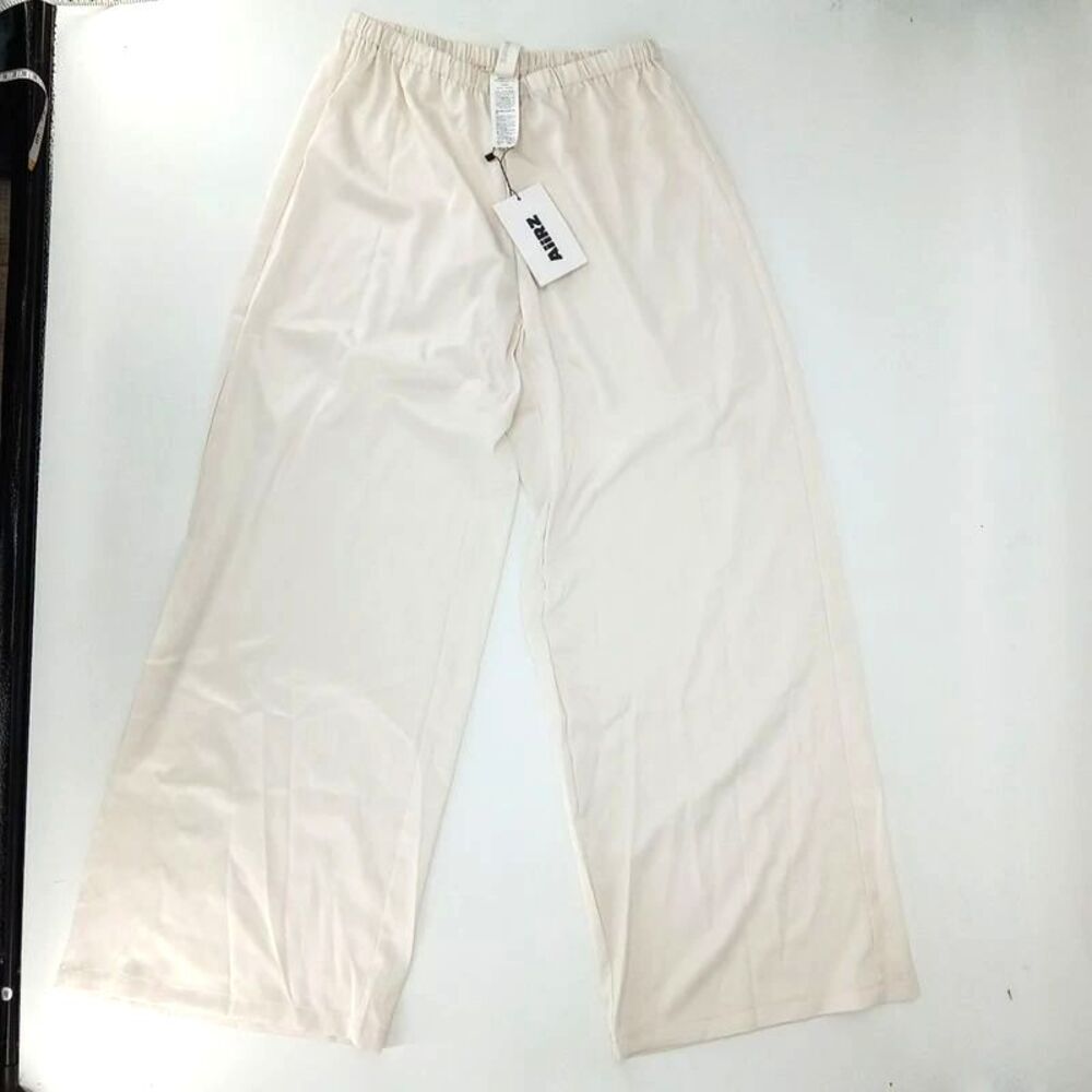 AiiRZ Satin Wide Leg Pants Off White Ivory Pull On M Y2K Minimalist Bridal